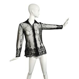 Y2K Vintage Italy Future Ozbek Women's size 6 Mesh Embroidered Sheer Luxury Top